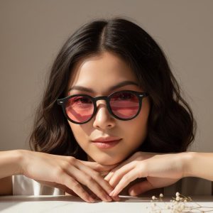 Retro 90s Pink Lens Sunglasses, Round Acetate Frame, Boho Eyewear